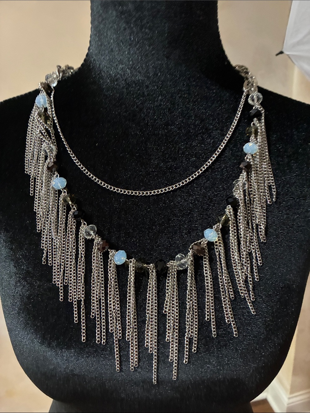 Silver Fringe Chain Necklace with Light Blue Beads